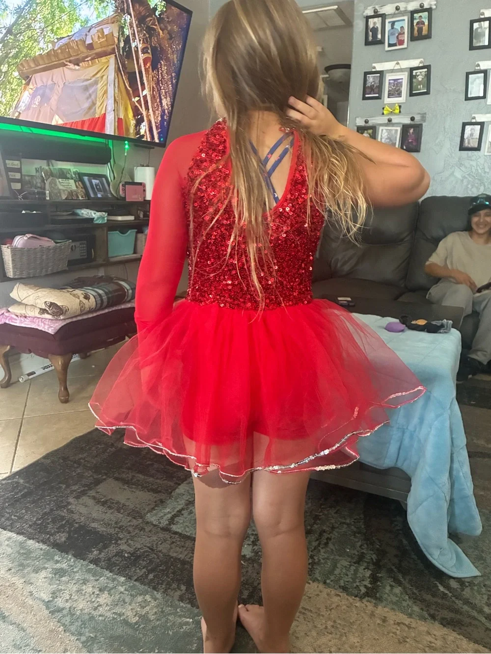 Red Sequin Girls' Dance Costume with Sheer Sleeve